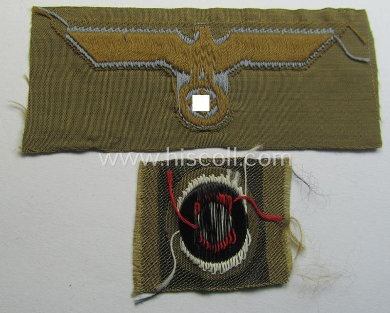 Superb, WH (Heeres) 'tropical-issue' (ie. DAK or: 'Deutsches Afrika Korps'-related-) side-cap-eagle and dito cocarde-set as executed in 'BeVo'-weave-pattern (both insignia-pieces coming in an overall very nice- ie. 'virtually mint' condition)