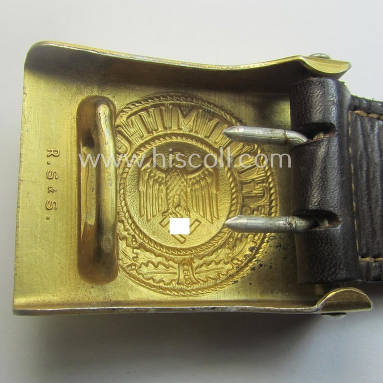 Stunning, WH (Kriegsmarine) bright-golden-toned- and/or aluminium-based belt-buckle (being a maker- ie.: 'R.S.&S.'-marked (and '1938'-dated!) example that comes mounted onto its leather-based tongue