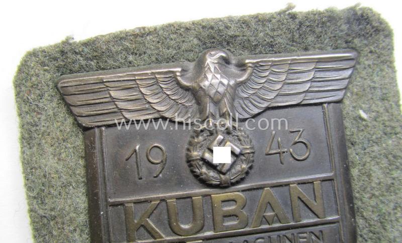 Attractive - and actually scarcely encountered! - WH (Heeres ie. Waffen-SS) 'Kuban'-campaign-shield that comes mounted onto its original field-grey-coloured- and/or woolen-based 'backing'
