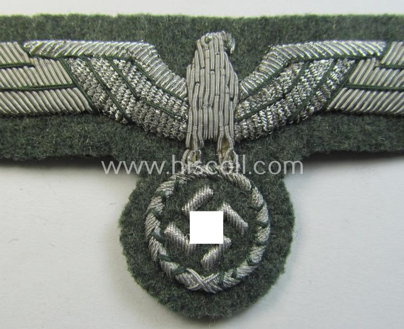 Attractive - and minimally used! - WH (Heeres) officers'-type, hand-embroidered breast-eagle (ie. 'Brustadler für Offiziere') as executed in bright-silverish-coloured braid (on field-grey!) as intended for usage on the various officers'-pattern t...