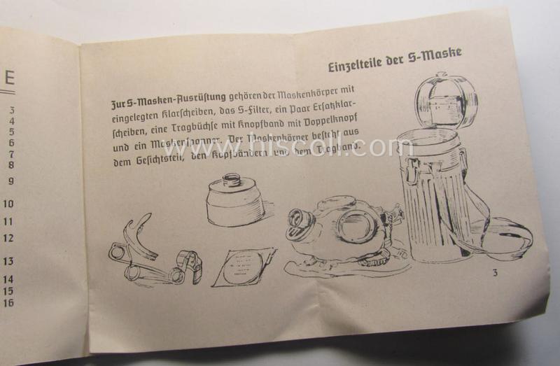 Neat - and actually scarcely encountered! - example of the 16-paged- and/or small-sized booklet on the German ('standard'-issue) 'Wehrmacht' gasmask ('Model S'), entitled: 'Die S-Maske'