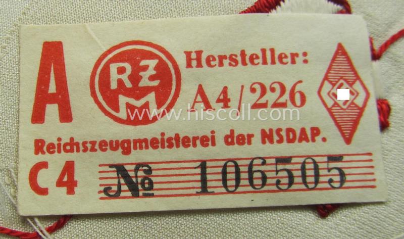 HJ/BDM (ie. 'Hitlerjugend'/'Bund Deutscher Mädel') trade- or specialist-armbadge as executed in neat 'BeVo'-weave pattern as was intended for usage by a: 'Feldscher' (or: medical orderly) still retaining its period 'RzM'-etiket