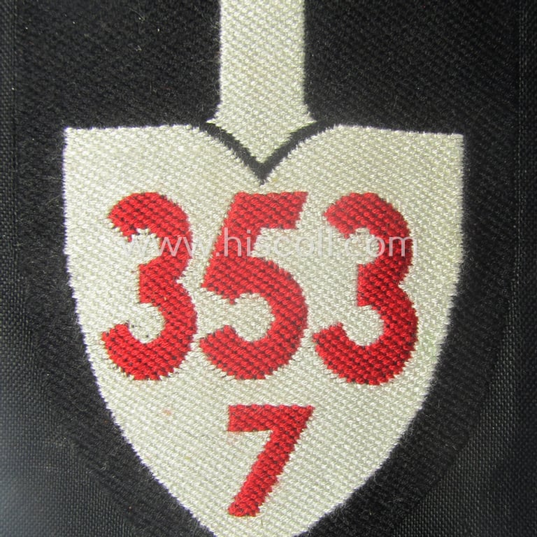 'BeVo'-woven, enlisted-mens'- (ie. NCOs'-) pattern so-called: RAD (ie. 'Reichsarbeitsdienst') sleeve-badge (or: 'Dienststellenabzeichen') bearing the specialist- ie. unit-designation that reads: '353/7'