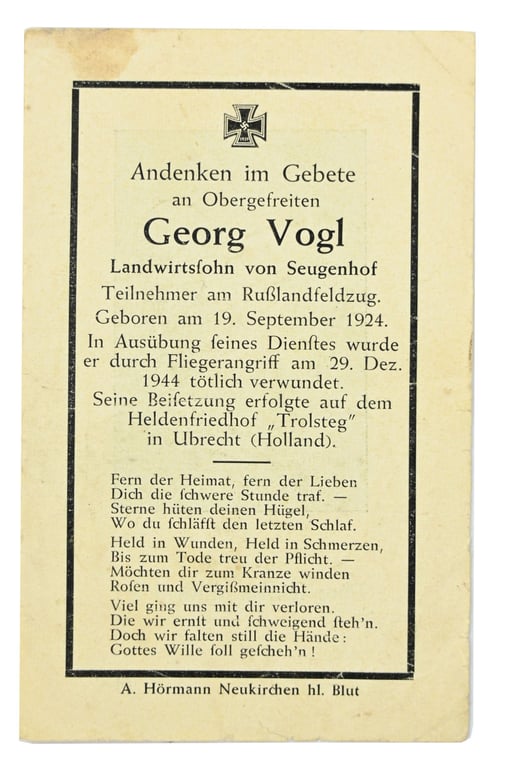 German WH Deathcard Georg Vogl Holland