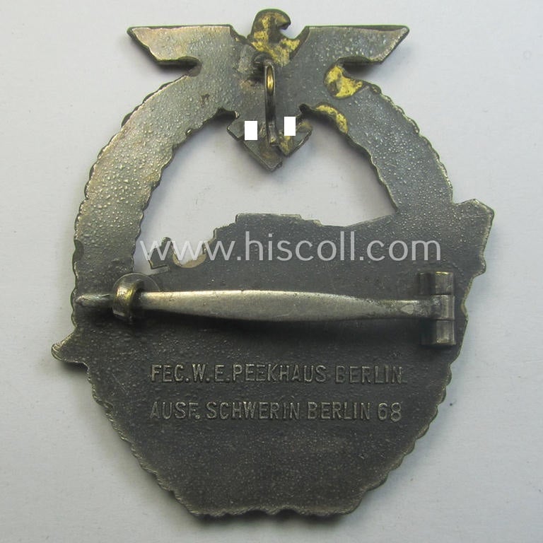Superb, WH (Kriegsmarine) so-called: 'Kriegsabzeichen für Schnellboote - 2. Modell' (or: E-boat-war-badge of the 2nd model) being a maker- (ie. 'Fec. W.E. Peekhaus'-) marked example as was produced by the: 'Schwerin'-company