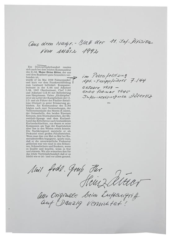 Signature of Wehrmacht (Heer) KC Recipient 'Heinz Ritter'