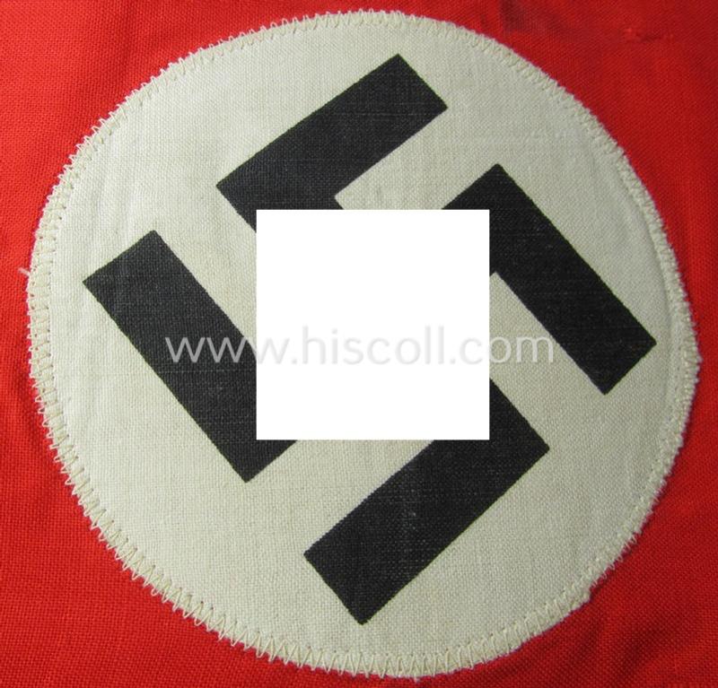 'Patriotic-styled'- and nicely constructed! - white- and red-coloured N.S.D.A.P.-related vehicle- ie. bicycle-flag (ie. 'Fahrrad-Fahne') depicting a double-sided (printed-styled) woven swastika-patch