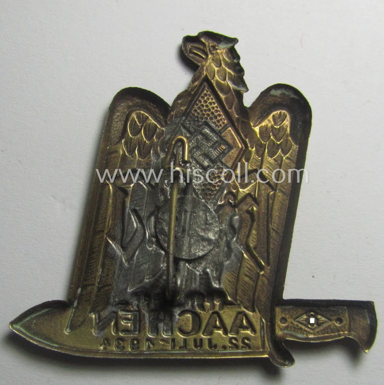 Neat - and scarcely encountered! - HJ- (Hitlerjugend-) related day-badge (ie. 'tinnie' or: 'Veranstaltungsabzeichen') as was issued to commemorate a HJ-related gathering ie. rally named: 'Gebiet 11 Mittelrhein - Aachen - 22. Juli 1934'