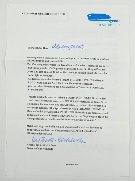 Signature of Wehrmacht Heer KC Recipient 'Friedrich Müller-Rochholz'