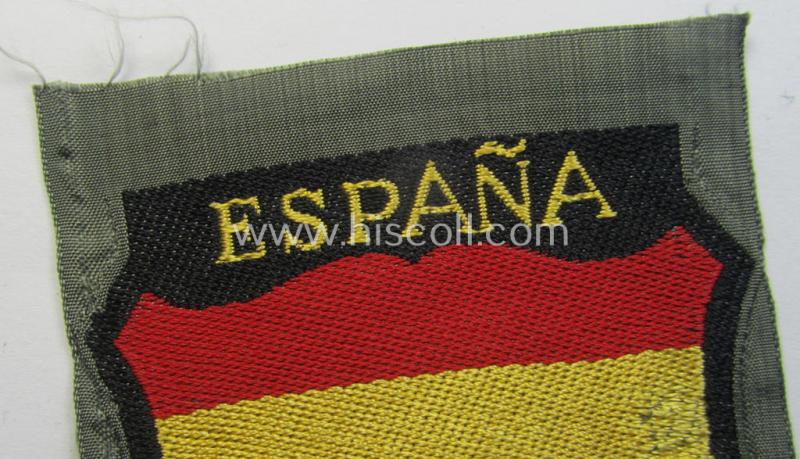 Superb, 'BeVo'-type armshield entitled: 'España' (being a 'virtually mint- ie. unissued' example as was intended for a volunteer who served within the 'Deutsche Wehrmacht' ie. within the famous 'Blue Division' ie. 'Blauer Division')