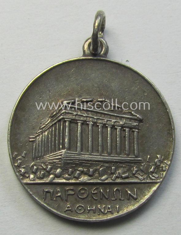 WH (LW-, Heeres- etc.) related and genuine silver-based) 'souvenir'-hanger from the Greek campaign depicting the: 'Parthenon' in Athens and showing the text: 'Andenken von Athen 1941'