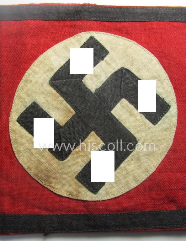 Scarcely encountered - and just moderately used! - so-called: 'Allgemeine-SS'-related armband (ie. 'Armbinde') being a printed specimen showing a separately-applied (and linnen-based) swastika (ie. roundel) attached