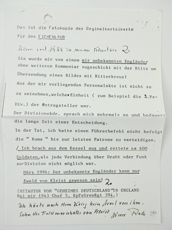 Signature of Wehrmacht Heer KC Recipient 'Werner Rode'