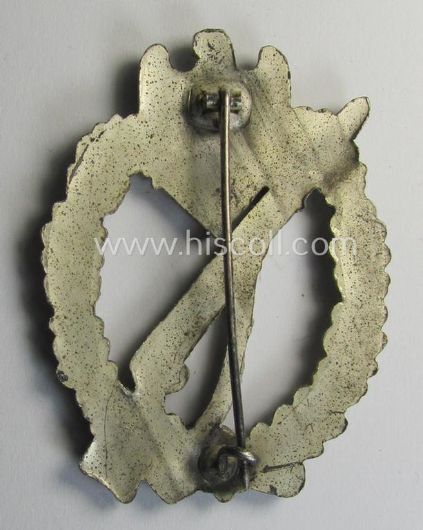 Attractive, 'Infanterie Sturmabzeichen in Silber' (or: silver-class infantry-assault-badge ie. IAB) being a non-maker-marked, so-called: 'solid-back-example as was (I deem) produced by the: 'R.A. Karneth u. Söhne'-company