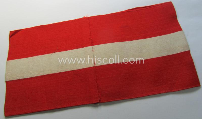 Attractive - and scarcely found! - 'standard'- (ie. entirely woven) pattern, bright-red-coloured HJ- (ie. 'Hitlerjugend'-) related armband (ie. 'Armbinde') being a never worn- nor used example that still retains its 'RzM'-etiket