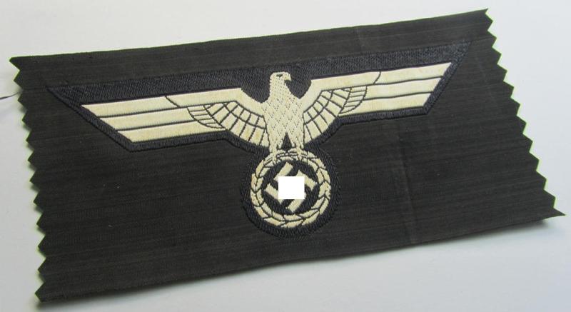 Neat, WH (Heeres) early- (ie. evt. pre-) war-period- and/or white-coloured 'Panzer'-type breast-eagle of the so-called: 'M39'- (ie.'M40'-) pattern as was executed in the neat 'BeVo'-weave pattern on a black-coloured background