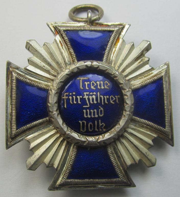 'N.S.D.A.P. Dienstauszeichnung in Silber' (ie. '2. Stufe für 15 Jahre t. D.') being a (typical) non-maker-marked- (and 'regular-weight') example that comes together with its period (fairly long-sized!) ribbon as issued- and/or worn