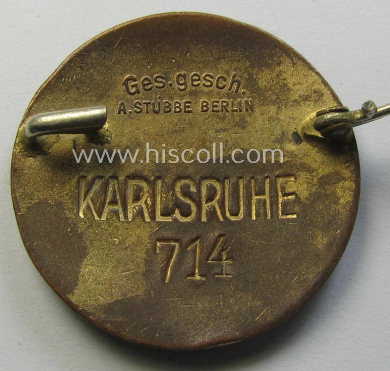 Attractive, DRK (ie. 'Deutsches Rotes Kreuz') so-called: nurses'-badge entitled: 'Schwesternschaft' being a medium-sized version showing an engraved bearers'-number: ('714'), town: ('Karlsruhe') and/or makers'-mark ('A. Stübbe - Berlin')