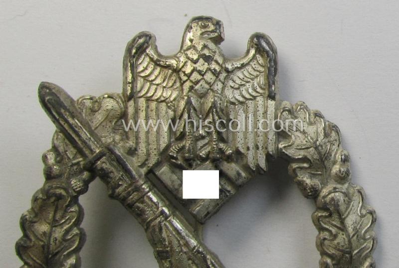 Attractive, 'Infanterie Sturmabzeichen in Silber' (or: silver-class infantry-assault-badge ie. IAB) being a non-maker-marked, so-called: 'solid-back-example as was (I deem) produced by the: 'R.A. Karneth u. Söhne'-company