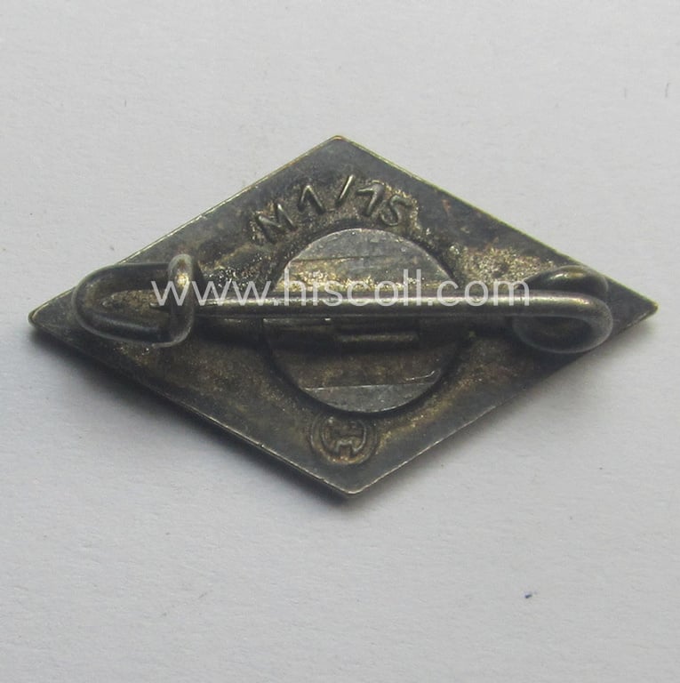 HJ (ie. 'Hitlerjugend') enamelled lapel-pin (ie.: 'Raute') with a: 'RzM - M1/15'-makers'-designation