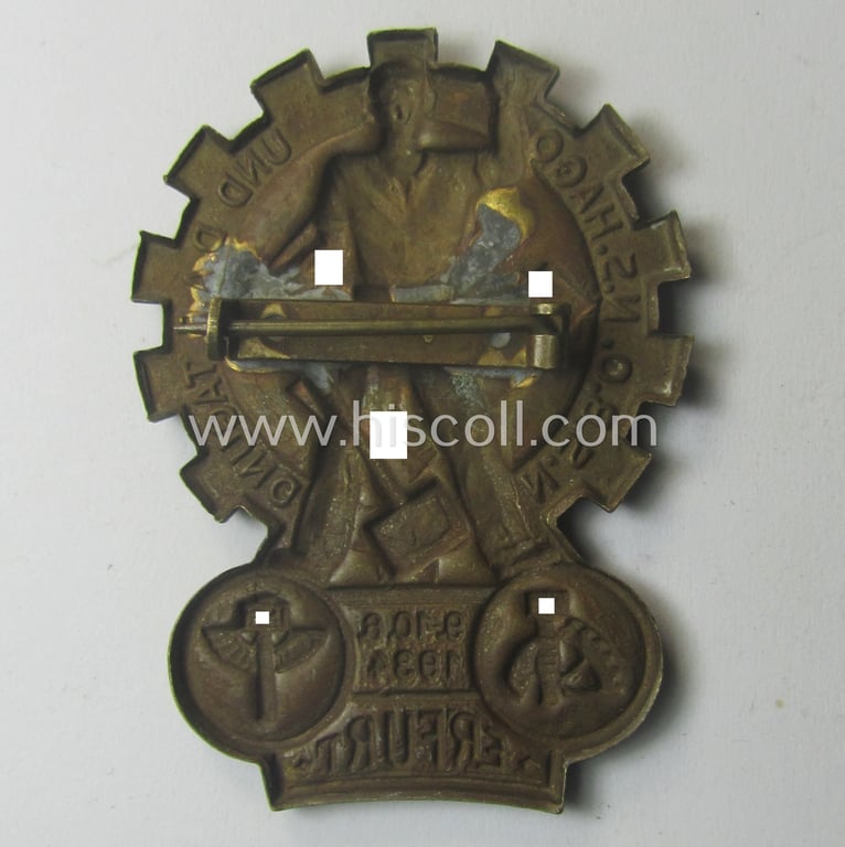 Neat - and unusually seen! - commemorative and 'combined' 'N.S.B.O./N.S.Hago/D.A.F.'-related day-badge (ie. 'tinnie') as issued to commemorate a meeting entitled: 'N.S.B.O., N.S.Hago und D.A.F.-Tagung' held on 9.-10.8-1934 in the town of Erfurt