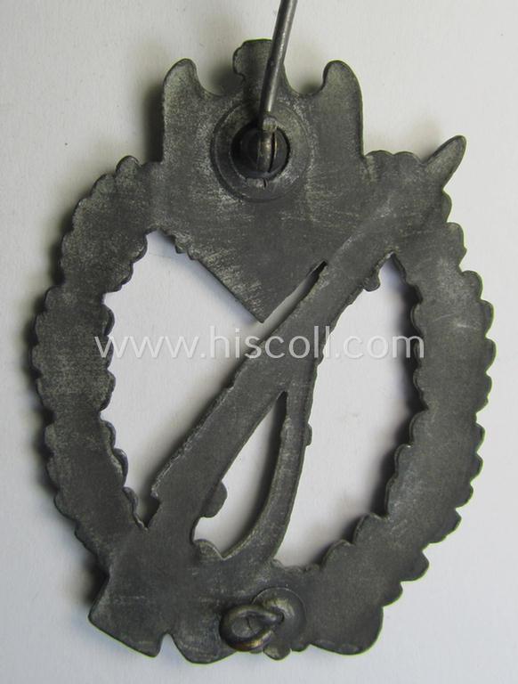 Attractive - and just moderately used! - 'Infanterie-Sturmabzeichen in Silber' (or: silver-class infantry-assault badge ie. IAB) being a non-maker-marked example as executed in greyish-silver-coloured 'Feinzink'