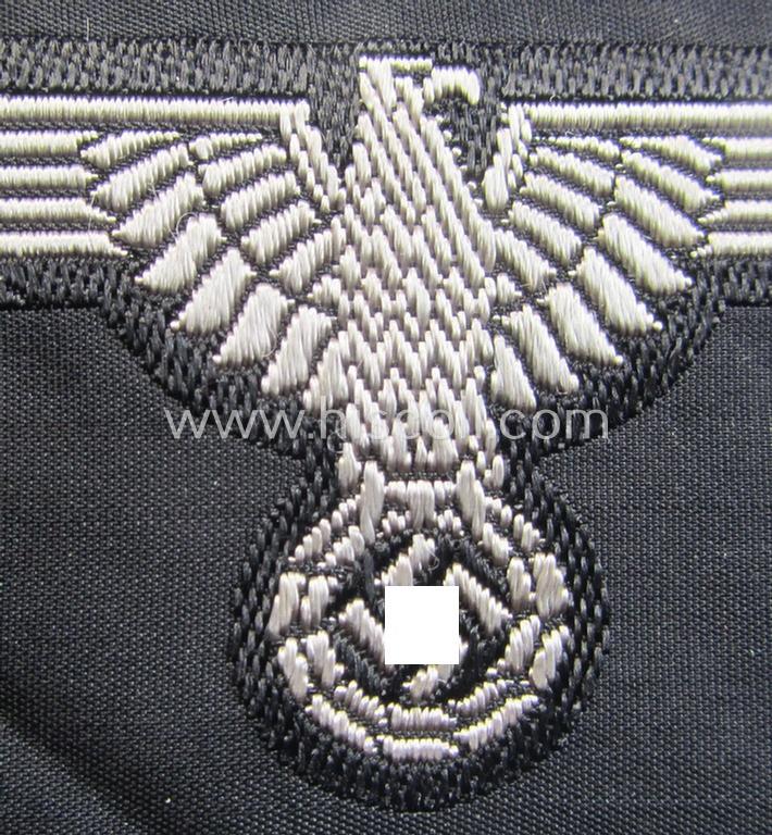 Superb, mid- (ie. later-war-) pattern, 'SS' (ie. 'Waffen-SS') so-called: 'BeVo-weave-style', enlisted-mens'- ie. NCO-pattern arm-eagle (ie. 'Ärmeladler für Mannschaften u. Unterführer') as was intended for usage by the various Waffen-SS troo...