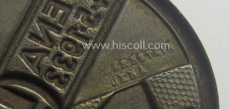 Early-period, SS-related 'tinnie' ie. 'Veranstaltungsabzeichen' being a maker- (ie. 'Wernstein - Jena'-) marked example showing the: 'SS-runes', '47'-numerals, swastika-sign and/or text: 'Standarten-Aufmarsch - Jena - 14.5-1933'