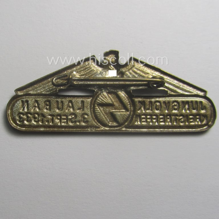 Superb - and scarcely encountered! - HJ o. DJ- (ie. 'Hitlerjugend o. Deutsches Jungvolk') related 'tinnie' being a non-maker-marked example showing the text: 'Jungvolk Kreistreffen - Lauban 3. Sept. 1933'