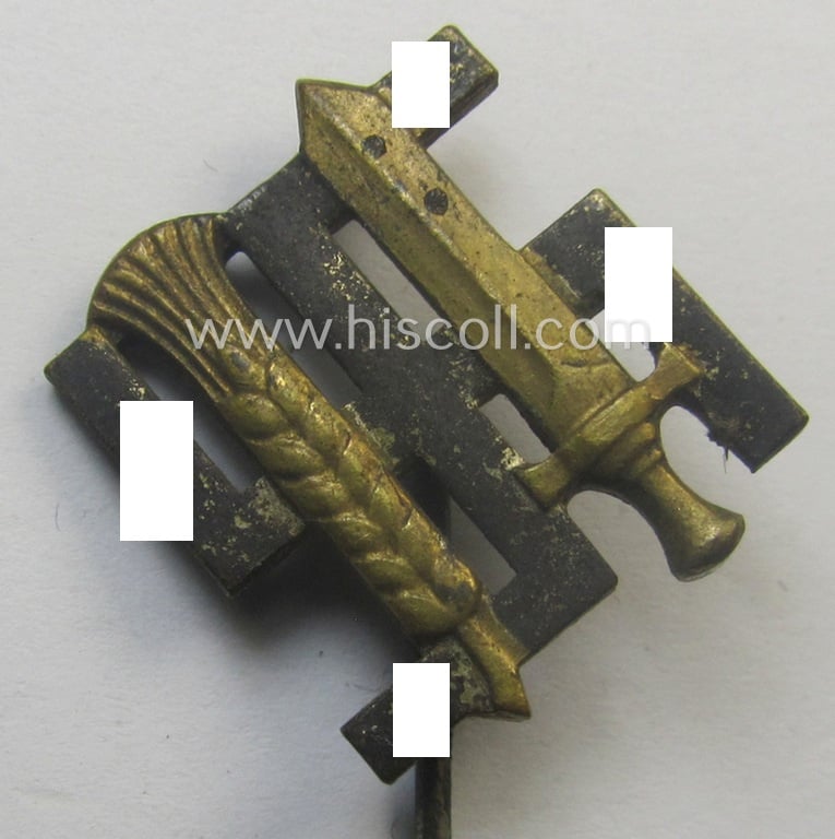 Membership lapel-pin: 'Reichsnährstand' (or: 'RNSt') being maker- (ie. 'Deschler'-) marked example that is executed in multi-coloured (albeit tarnished) so-called: 'Buntmetall'