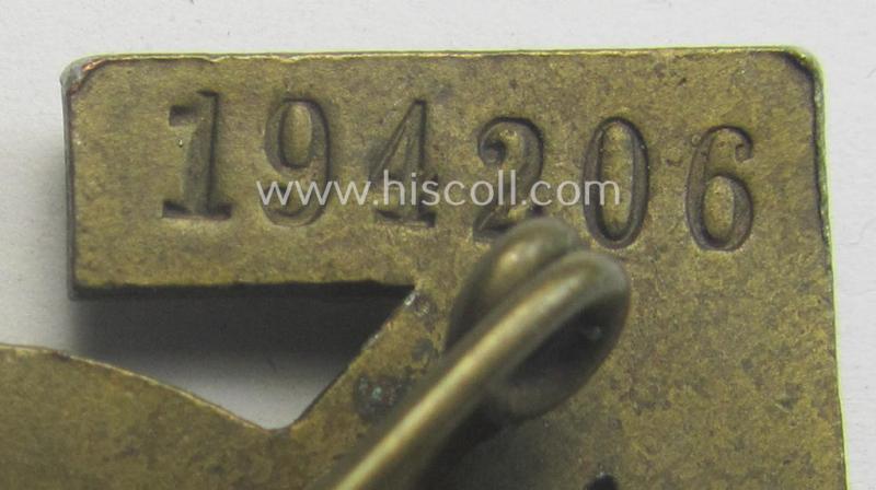 HJ- (ie. 'Hitlerjugend'-) sports-badge (or: 'HJ-Leistungsrune') of the bronze-class being a clearly maker- (ie. 'RzM - M1/63'-) marked- and/or: 'Feinzink'-based specimen that shows an engraved (unique!) bearers'-numeral ('194206')