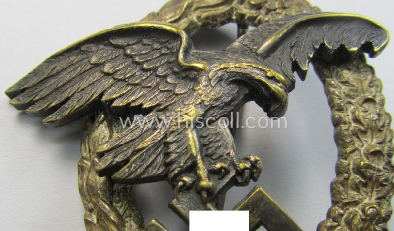 WH (Luftwaffe) 'Flugzeug-Beobachter-Abzeichen' (ie. observers'-war-badge) being a neatly maker- (ie. 'C.E. Juncker'-) marked and/or: 'Buntmetall'- (ie. 'Tombak'-) based example (of the desirable 'J1-pattern'!)