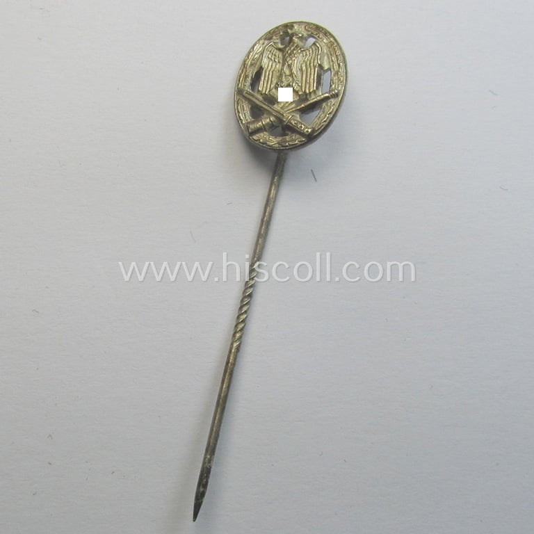 Miniature-lapel-pin depicting an: 'Allgemeines-Sturmabzeichen' (or: general-assault-badge ie. GAB) being a non-maker-marked example as executed in silver-coloured zinc-based metal (ie. 'Feinzink')