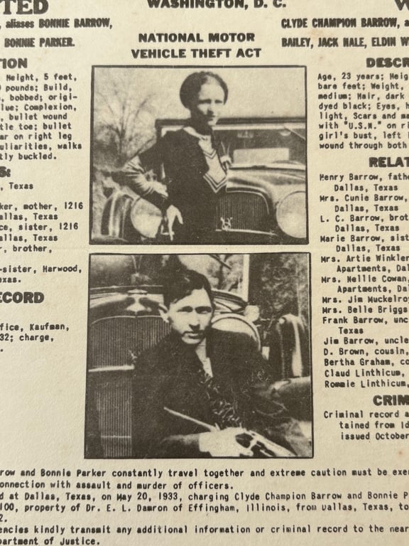 AUTHENTIC ORIGINAL BONNIE & CLYDE ISSUED WANTED POSTER DATED 1934