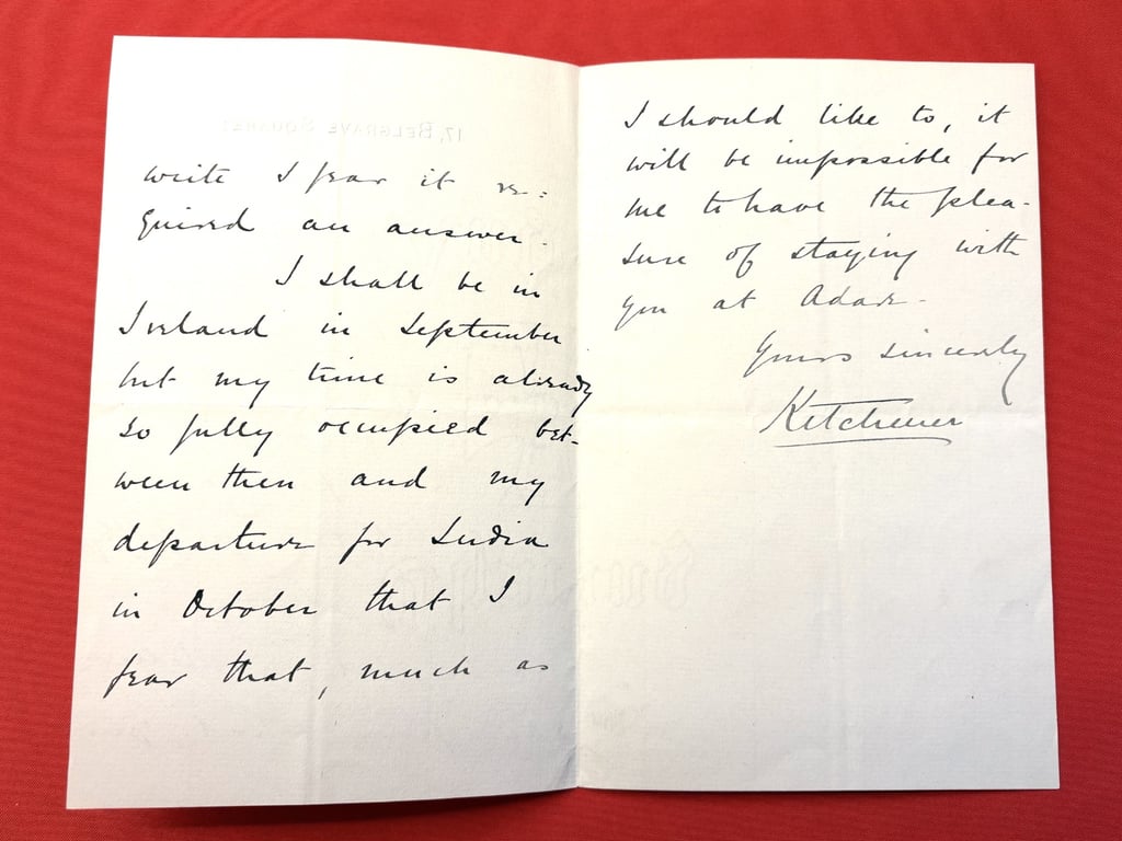 RARE DOUBLE INK SIGNED LETTER & ENVELOPE, BRITISH FIELD MARSHAL LORD KITCHENER 1910.