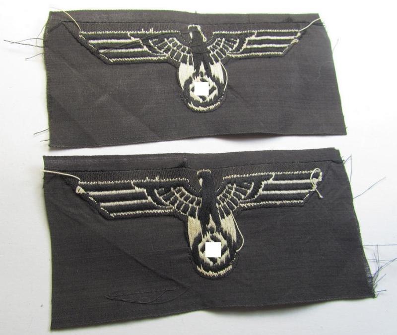 Neat, WH (Heeres) early- (ie. pre-) war-period- and/or white-coloured 'Panzer'-type breast-eagle of the so-called: 'M35'- (ie.'M36'-) pattern as was executed in the neat 'BeVo'-weave pattern on a black-coloured background
