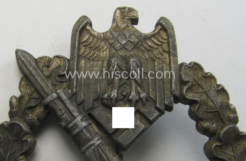 Neat, 'Infanterie Sturmabzeichen in Silber' being a non-maker-marked and/or quite converse, 'solid-back' example maker as executed in bright silver-coloured, zinc-based metal as was produced by a (by me) unidentified maker