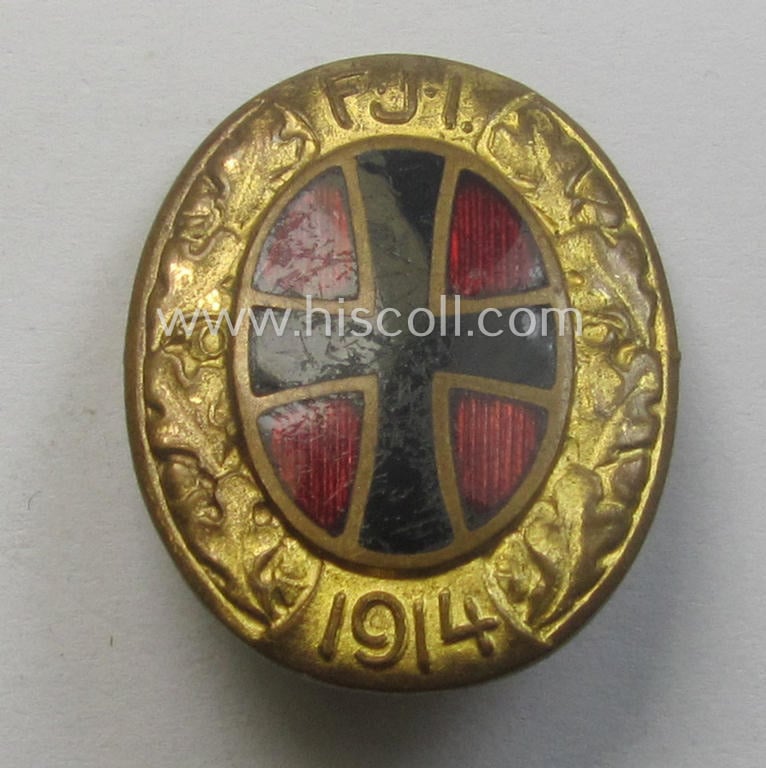 Unusual, Austrian/Hungarian-related, patriotic 'Franz Joseph I' commemorative supporter-lapel-pin entitled: 'F.J.I.' and year-designation: 1914 (being oval-shaped, non-maker-marked and neatly enamelled specimen)