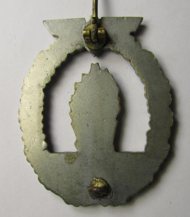 Later-war-period, WH (Kriegsmarine) 'Kriegsabzeichen für Minensuch-, U-Boot-Jagd und Sicherungs-Verbände' being a detailed and non-maker-marked, 'Feinzink'-based example as was produced by the 'S&L'-company