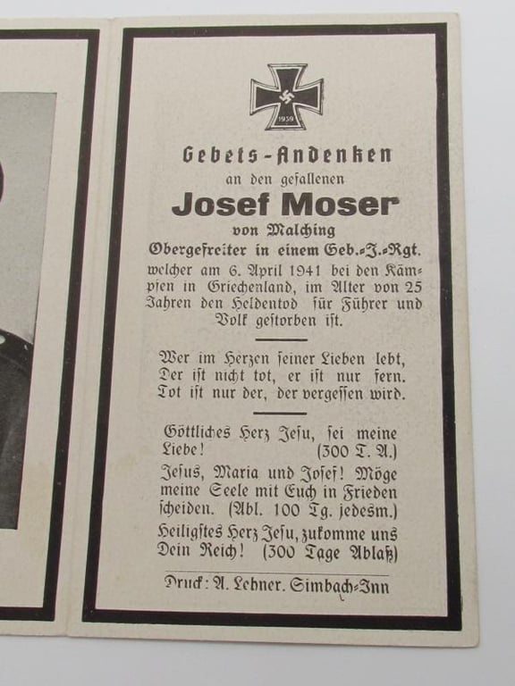 Wehrmacht ( Gebirgsjäger ) Death Card