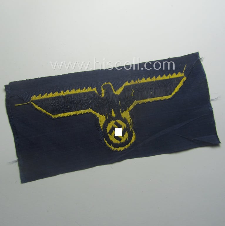 WH (Kriegsmarine) breast-eagle (ie. 'Brustadler für Mannschaften u. Uffz. der Kriegsmarine-Trpn.') being a 'standard-pattern-example as executed in the 'BeVo'-weave-pattern on a darker-blue-coloured background
