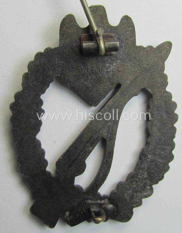 Attractive - and detailed! - 'Infanterie Sturmabzeichen in Bronze' (or: bronze-class infantry assault-badge ie. IAB) being a maker- (ie. 'S.H.u.C.o. 41'-) marked example as executed in bronze-toned, zinc-based metal (ie. 'Feinzink')