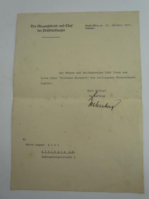 Third Reich Golden Wedding Anniversary Award Grouping 1937