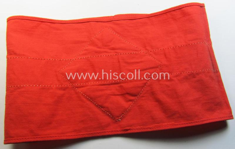 Attractive - and nowadays scarcely found! - 'standard'- (ie. partly-woven-) pattern, orange-red-coloured HJ- (ie. 'Hitlerjugend'-) related armband (ie. 'Armbinde') being a moderately worn- ie. used example that regrettably misses its 'RzM'-et...