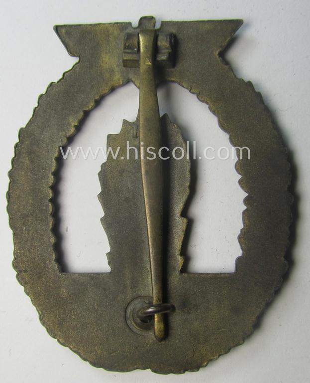 WH (Kriegsmarine) 'Kriegsabzeichen für Minensuch-, U-Boot-Jagd und Sicherungs-Verbände' being a detailed and clearly maker- (ie. 'R.K.') marked, 'Feinzink'-based example as was produced by the 'Rudolf Karneth'-company