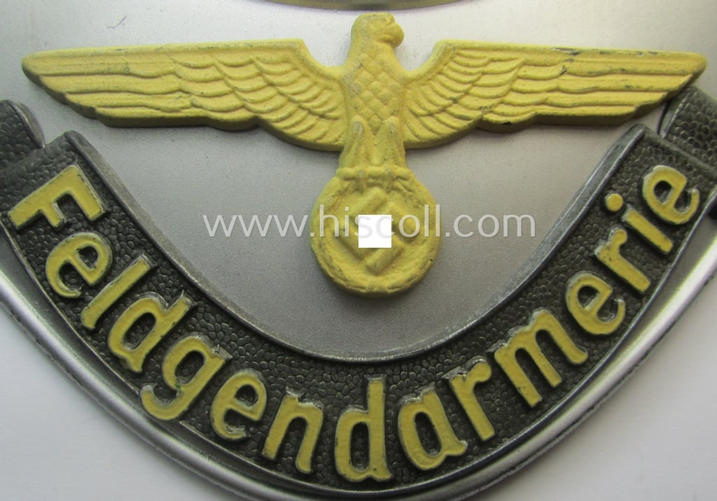 Superb - and 'virtually mint'! - example of a WH (Heeres) gorget (ie. 'Brustschild o. Ringkragen') entitled: 'Feldgendarmerie' being a non-maker-marked example that comes mounted onto its period-attached chain (ie. 'Kette')