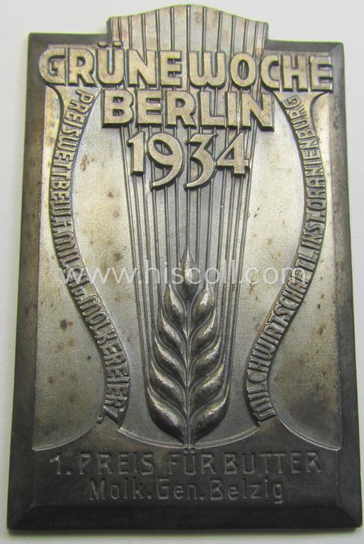 Attractive, silverish-toned (pre) 'Reichsnährstand'- (ie. 'RNSt.'-) related, commemorative-award-plaque entitled: 'Grüne Woche Berlin 1934 - 1. Preis für Butter - Molk. Gen. Belzig.' and that comes stored in its period etui