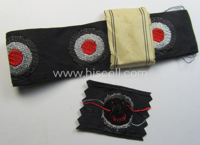 Superb - and rarely found! - WH (Heeres) Pz-cap-cocarde as executed in flatwire 'BeVo'-weave pattern onto a black-coloured background as was intended for usage on the black-coloured Pz-officer-type side-caps (ie. 'Schiffchenmützen')