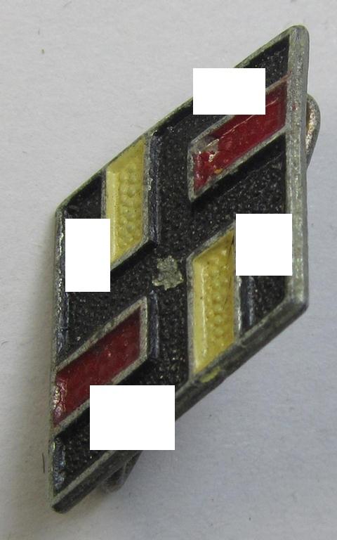 Attractive - and I deem later-war-period! - 'NS-Studentenbund' lapel-pin (ie.: 'Raute') being a bright-red-, black- and white-coloured- and/or aluminium-based- (ie. painted!) example