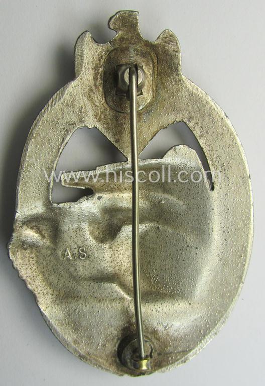 'Panzerkampfabzeichen in Silber' (or: silver-class panzer-assault badge or PAB) being a clearly maker- (ie. 'AS'-) marked- and/or zinc- (ie. 'Feinzink'-) based specimen, as was procuced by the: 'Adolf Scholze'- (ie. 'A.S.'-) company